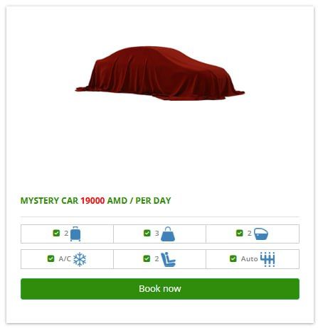 The car booking site with a "Mystery car" hidden under red cloth.