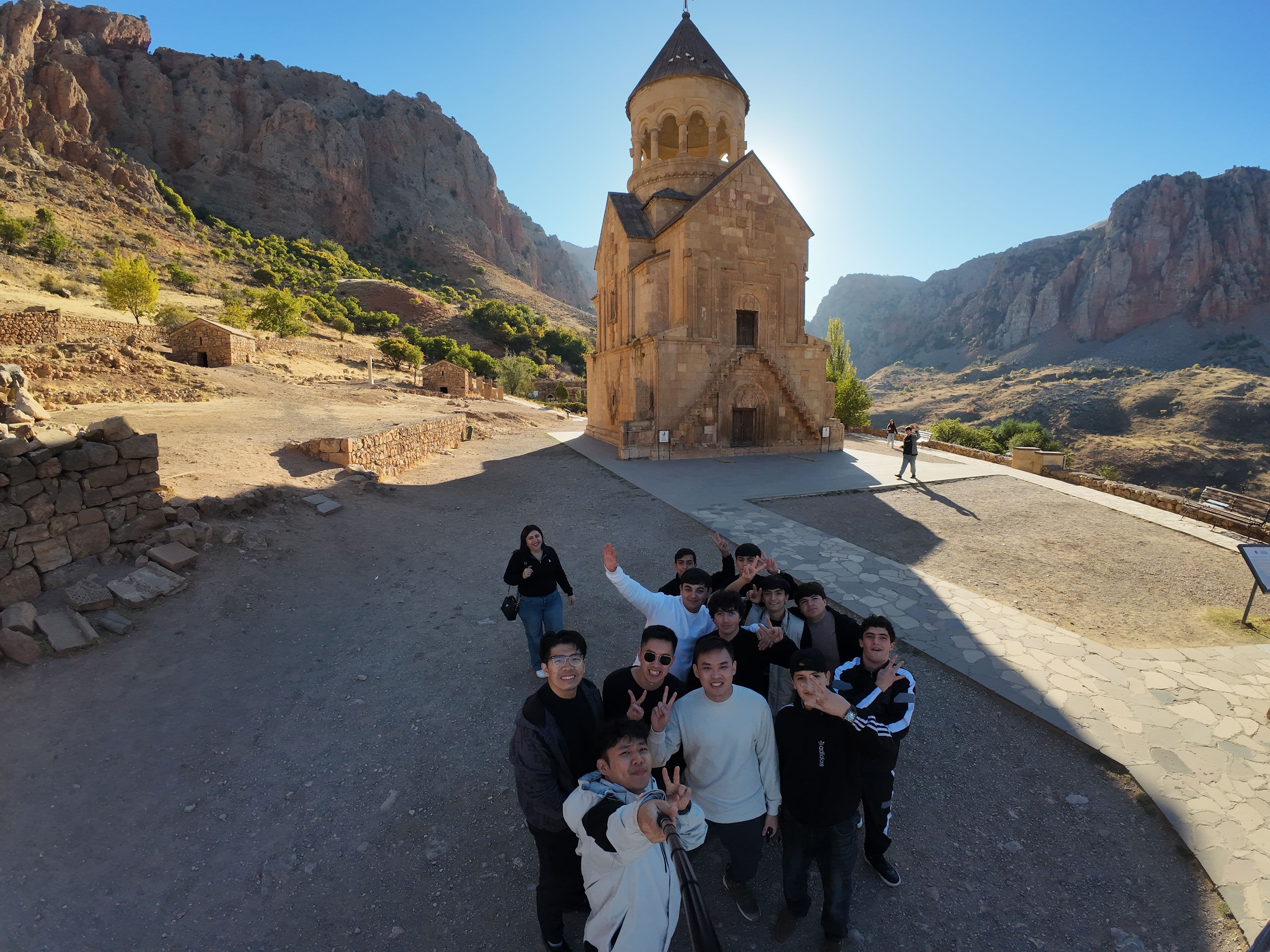 Group photo with kids at Noravank Monastery